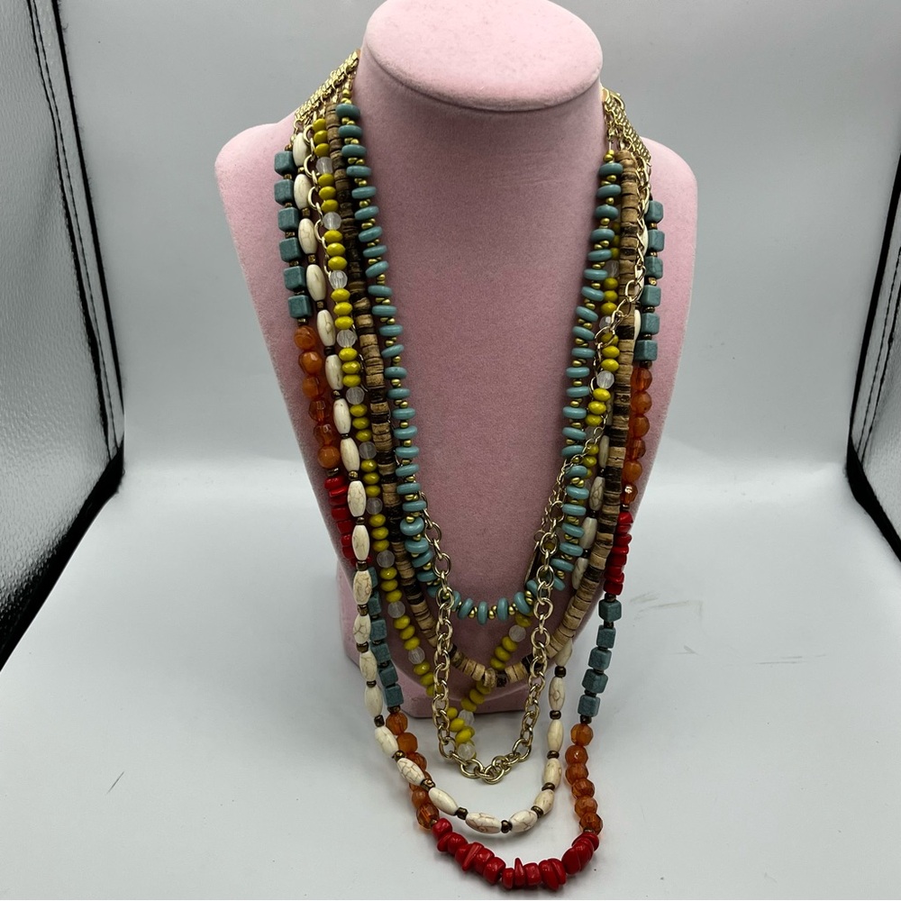 Plunder Multicolor Beaded Necklace with Gold Chains